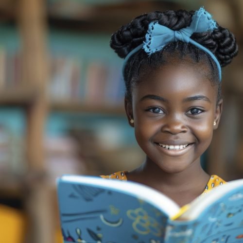 a happy African girl read book, in the style of joyful and optimistic, Professional advertising product photography --chaos 10 --ar 3:2 --stylize 250 Job ID: 14a72070-b406-4ae3-8d2e-a580d0f8d77c